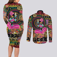 African Women Ethnic Motifs Couples Matching Long Sleeve Bodycon Dress and Long Sleeve Button Shirt