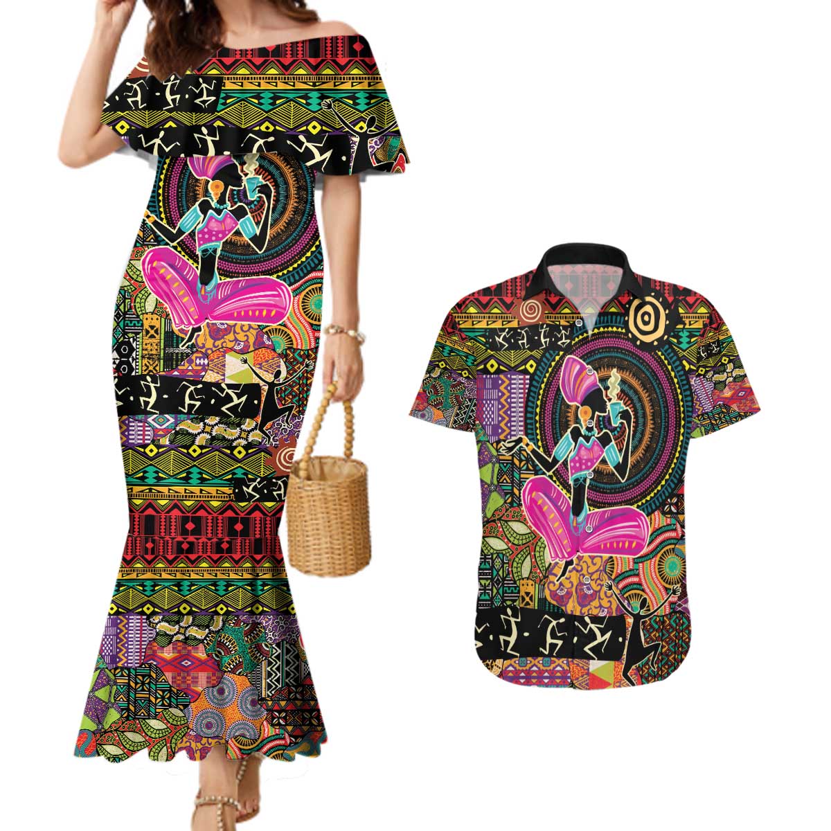 African Women Ethnic Motifs Couples Matching Mermaid Dress and Hawaiian Shirt