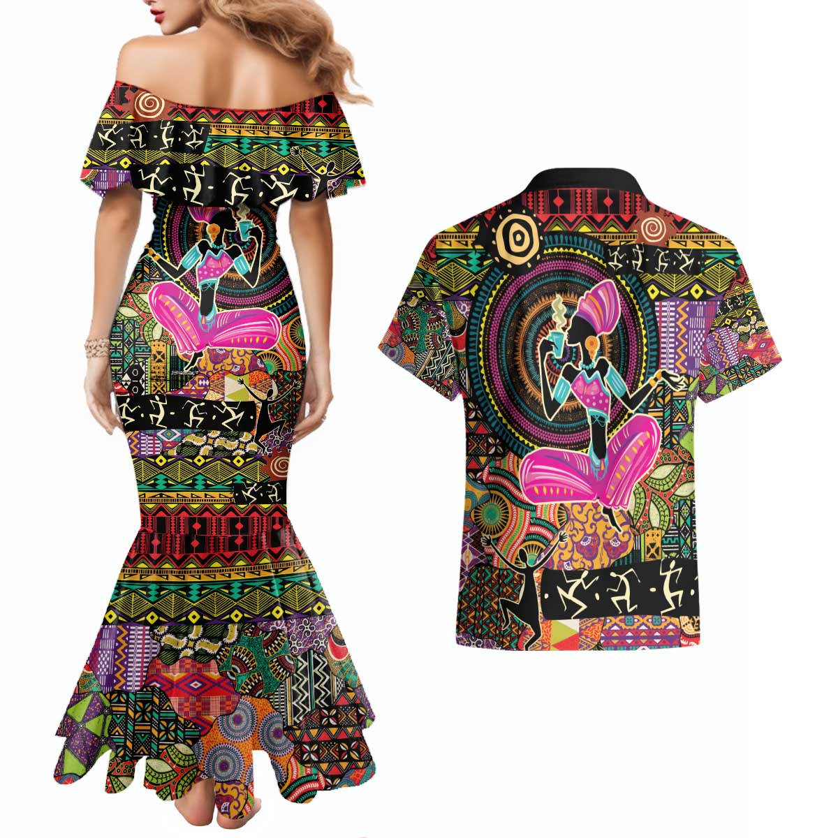 African Women Ethnic Motifs Couples Matching Mermaid Dress and Hawaiian Shirt