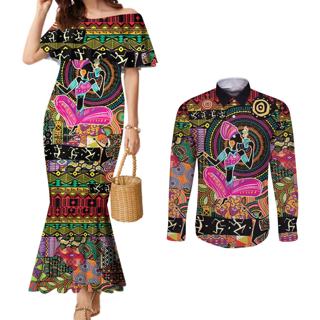 African Women Ethnic Motifs Couples Matching Mermaid Dress and Long Sleeve Button Shirt