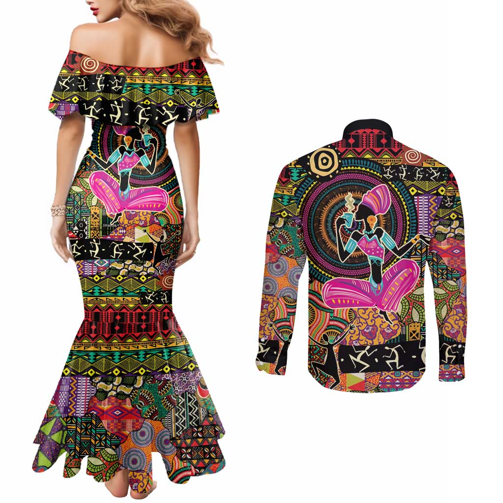African Women Ethnic Motifs Couples Matching Mermaid Dress and Long Sleeve Button Shirt