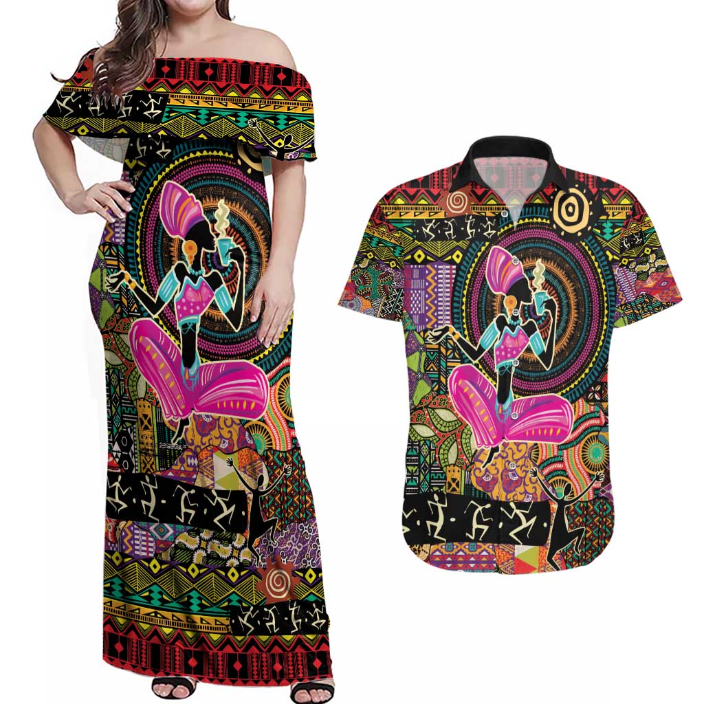 African Women Ethnic Motifs Couples Matching Off Shoulder Maxi Dress and Hawaiian Shirt