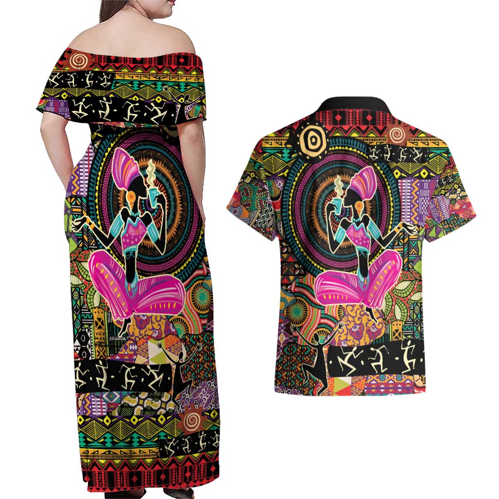 African Women Ethnic Motifs Couples Matching Off Shoulder Maxi Dress and Hawaiian Shirt