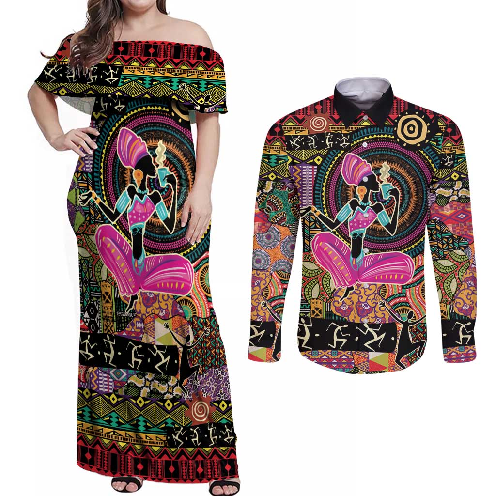 African Women Ethnic Motifs Couples Matching Off Shoulder Maxi Dress and Long Sleeve Button Shirt