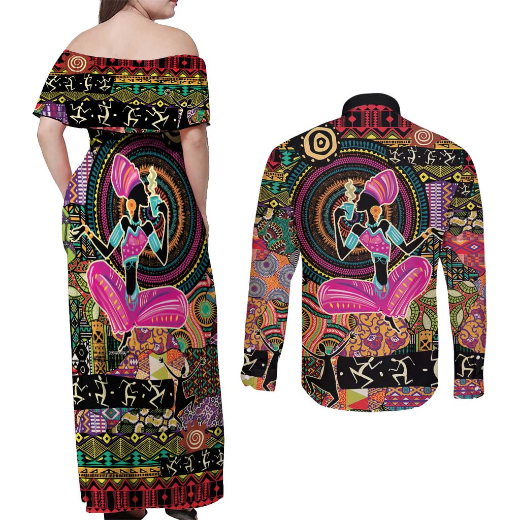 African Women Ethnic Motifs Couples Matching Off Shoulder Maxi Dress and Long Sleeve Button Shirt