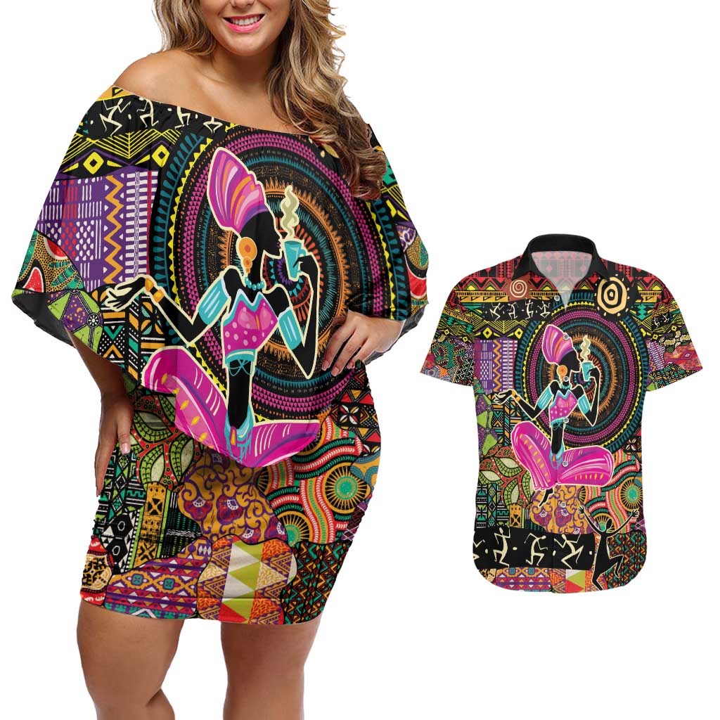 African Women Ethnic Motifs Couples Matching Off Shoulder Short Dress and Hawaiian Shirt