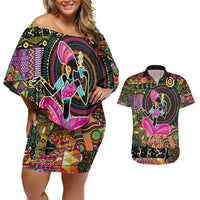 African Women Ethnic Motifs Couples Matching Off Shoulder Short Dress and Hawaiian Shirt