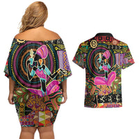 African Women Ethnic Motifs Couples Matching Off Shoulder Short Dress and Hawaiian Shirt