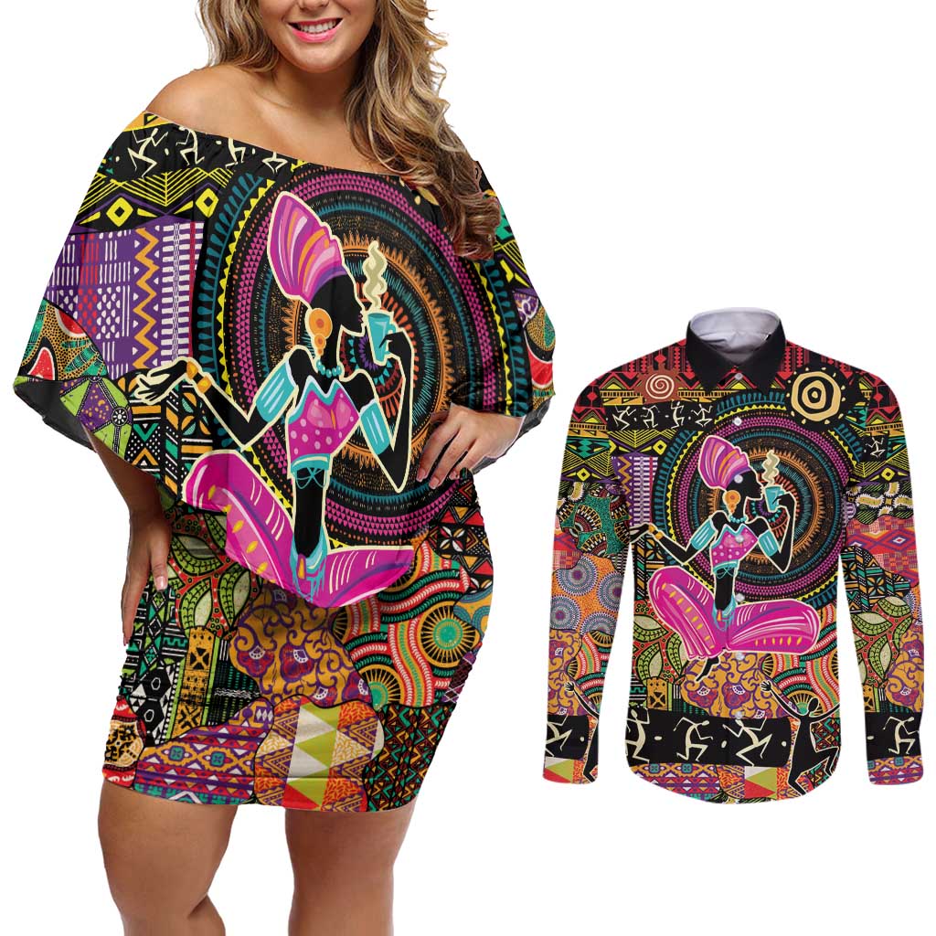 African Women Ethnic Motifs Couples Matching Off Shoulder Short Dress and Long Sleeve Button Shirt