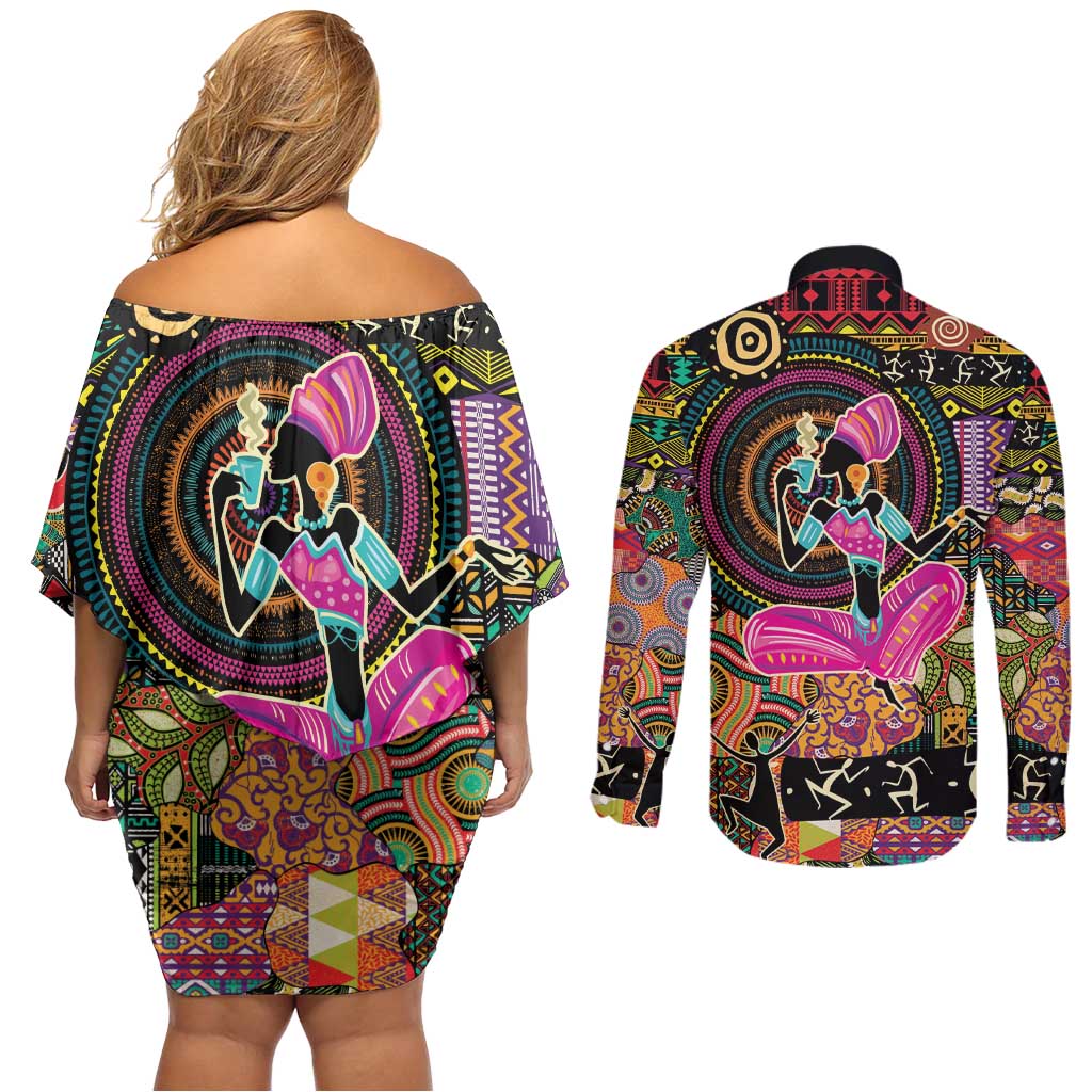 African Women Ethnic Motifs Couples Matching Off Shoulder Short Dress and Long Sleeve Button Shirt