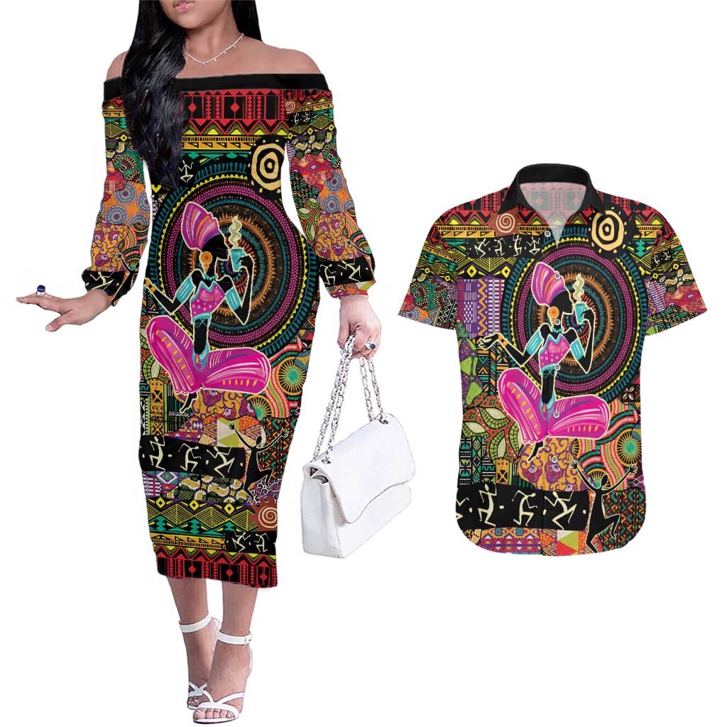 African Women Ethnic Motifs Couples Matching Off The Shoulder Long Sleeve Dress and Hawaiian Shirt