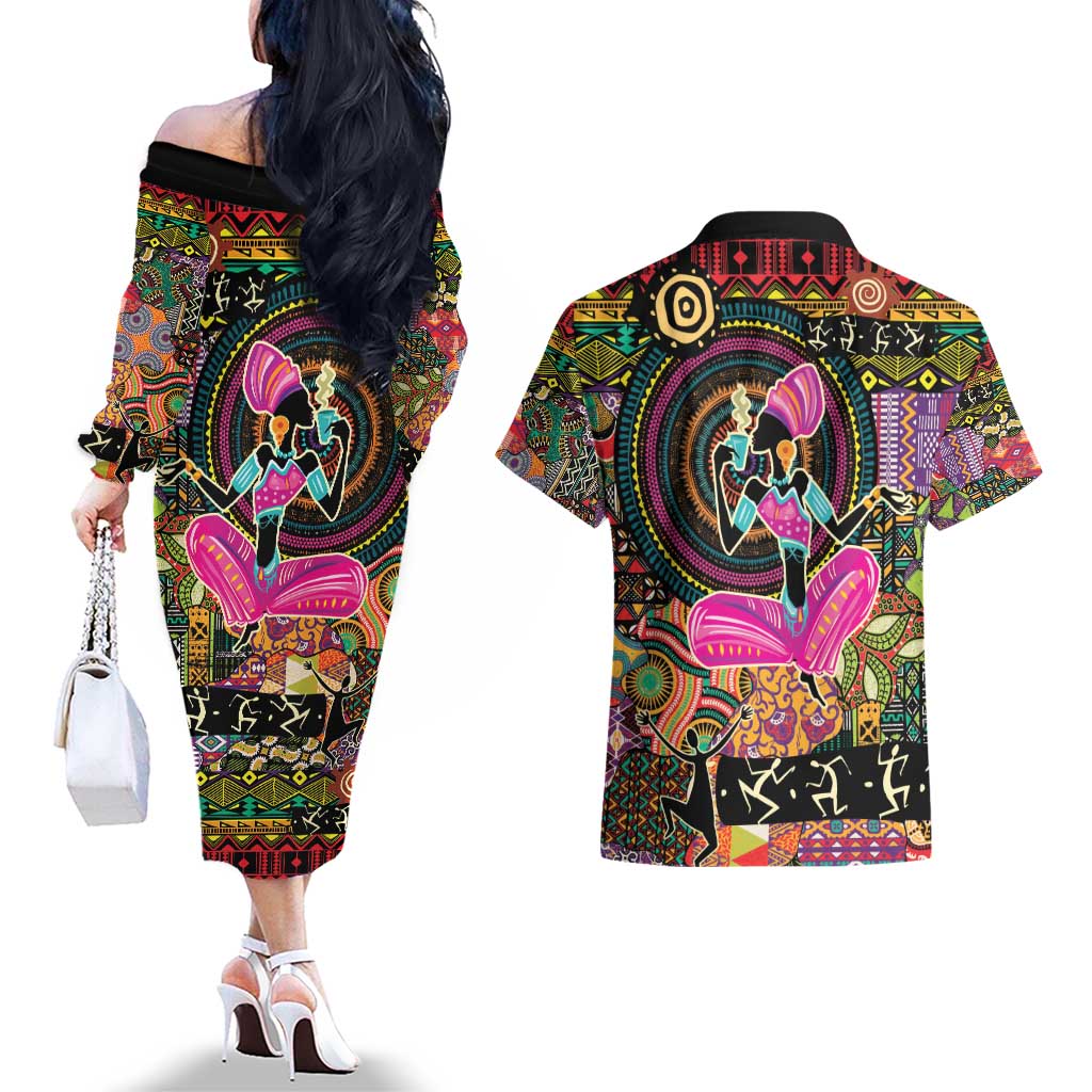 African Women Ethnic Motifs Couples Matching Off The Shoulder Long Sleeve Dress and Hawaiian Shirt