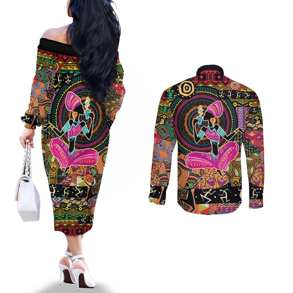 African Women Ethnic Motifs Couples Matching Off The Shoulder Long Sleeve Dress and Long Sleeve Button Shirt