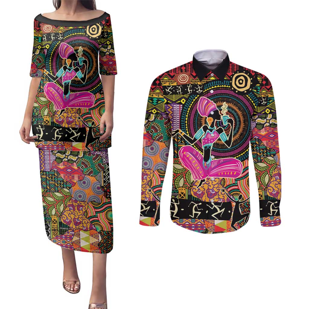 African Women Ethnic Motifs Couples Matching Puletasi and Long Sleeve Button Shirt