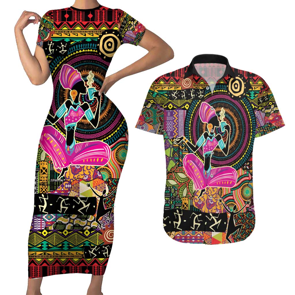 African Women Ethnic Motifs Couples Matching Short Sleeve Bodycon Dress and Hawaiian Shirt