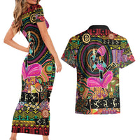 African Women Ethnic Motifs Couples Matching Short Sleeve Bodycon Dress and Hawaiian Shirt