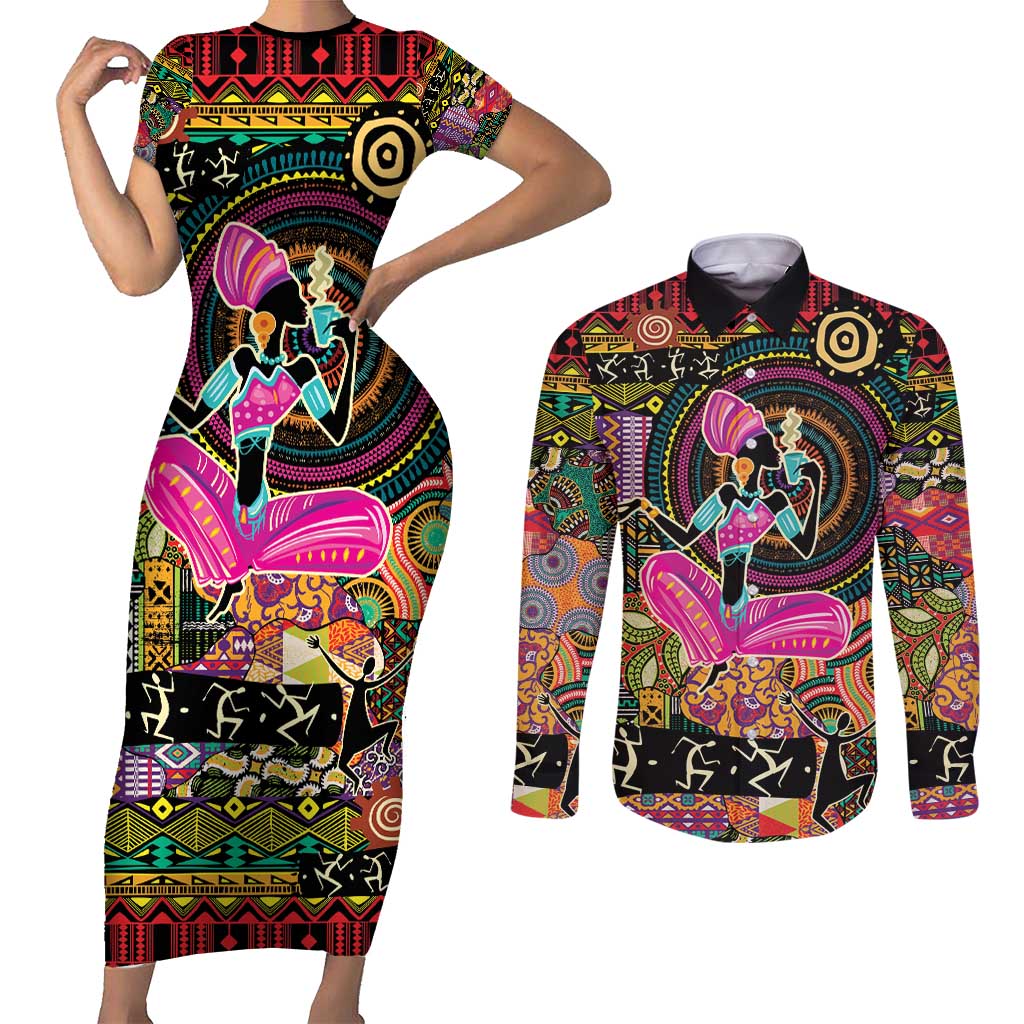 African Women Ethnic Motifs Couples Matching Short Sleeve Bodycon Dress and Long Sleeve Button Shirt