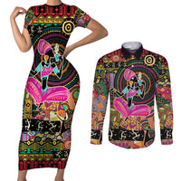 African Women Ethnic Motifs Couples Matching Short Sleeve Bodycon Dress and Long Sleeve Button Shirt