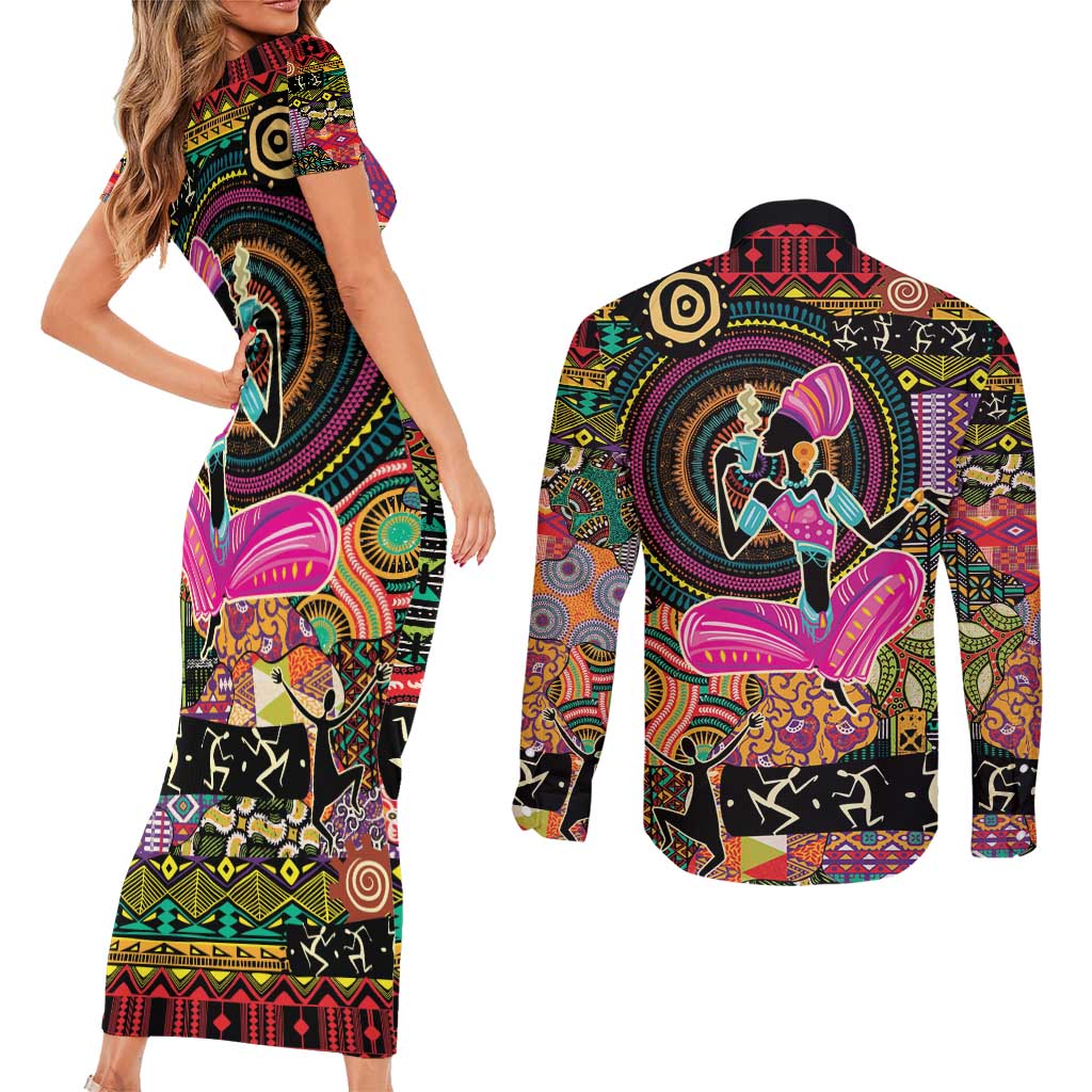 African Women Ethnic Motifs Couples Matching Short Sleeve Bodycon Dress and Long Sleeve Button Shirt