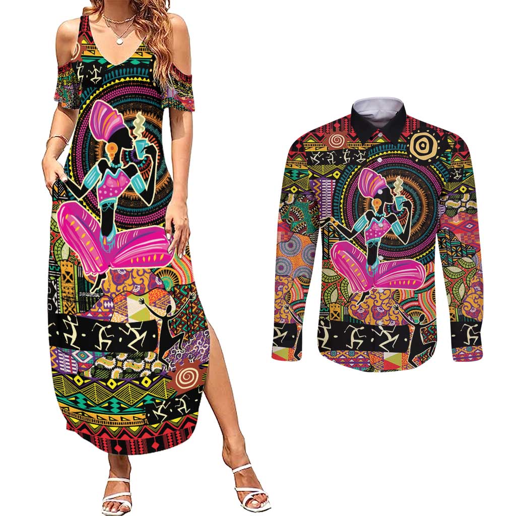 African Women Ethnic Motifs Couples Matching Summer Maxi Dress and Long Sleeve Button Shirt
