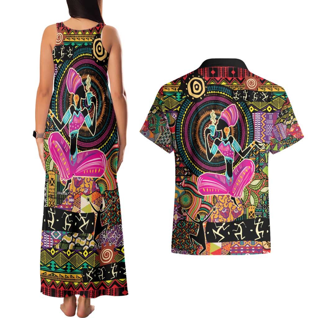 African Women Ethnic Motifs Couples Matching Tank Maxi Dress and Hawaiian Shirt