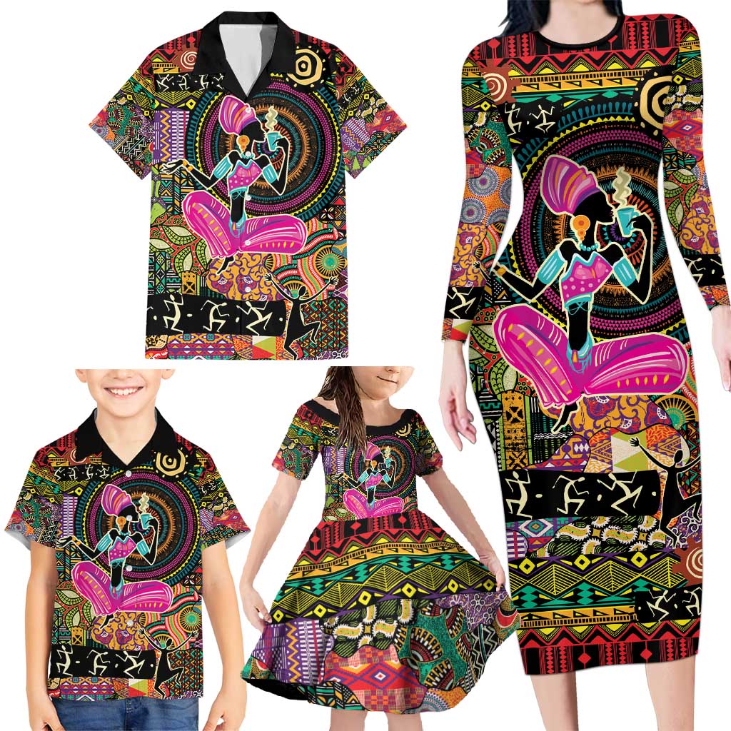 African Women Ethnic Motifs Family Matching Long Sleeve Bodycon Dress and Hawaiian Shirt LT9 - Wonder Print Shop