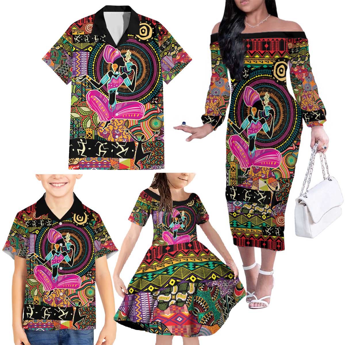 African Women Ethnic Motifs Family Matching Off The Shoulder Long Sleeve Dress and Hawaiian Shirt