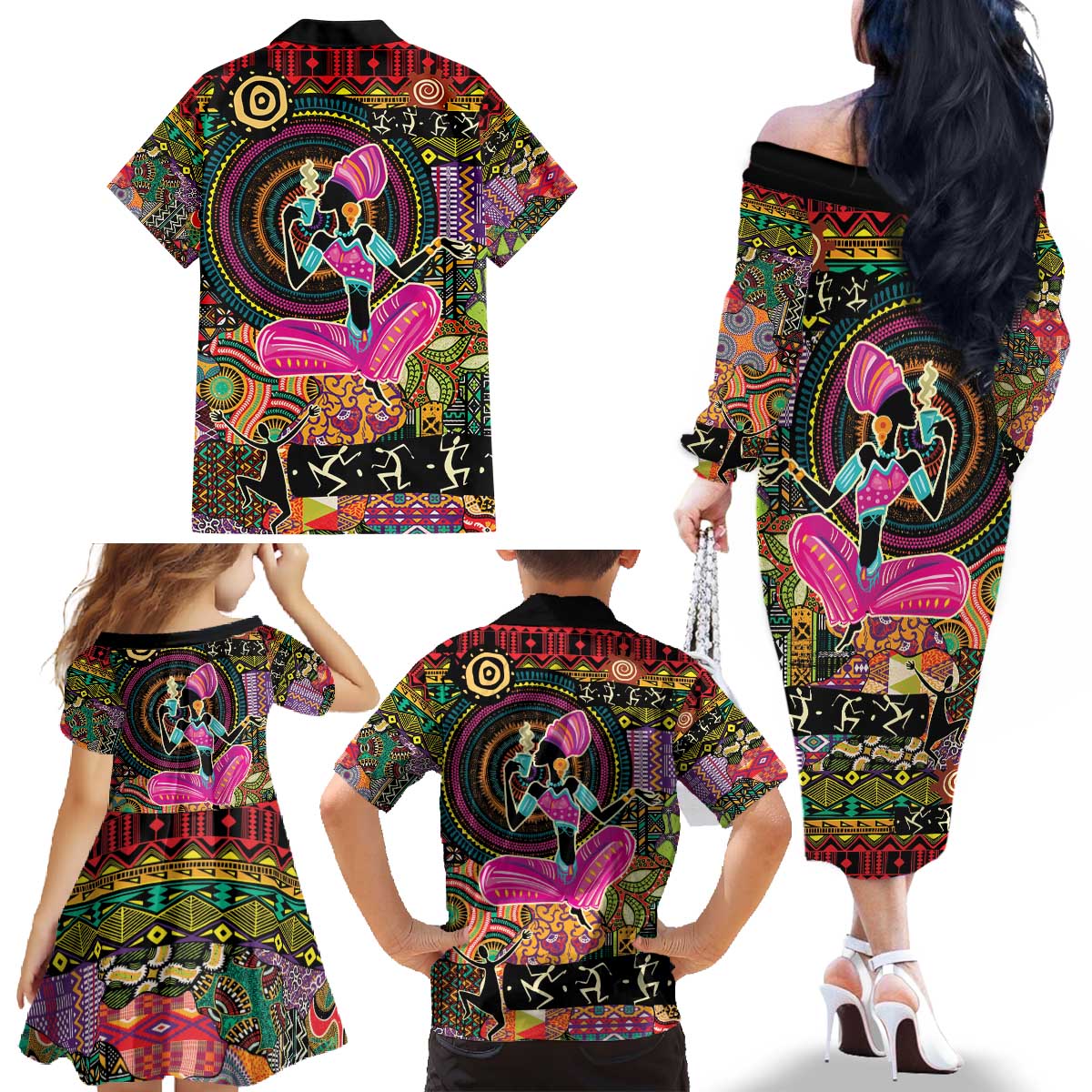 African Women Ethnic Motifs Family Matching Off The Shoulder Long Sleeve Dress and Hawaiian Shirt