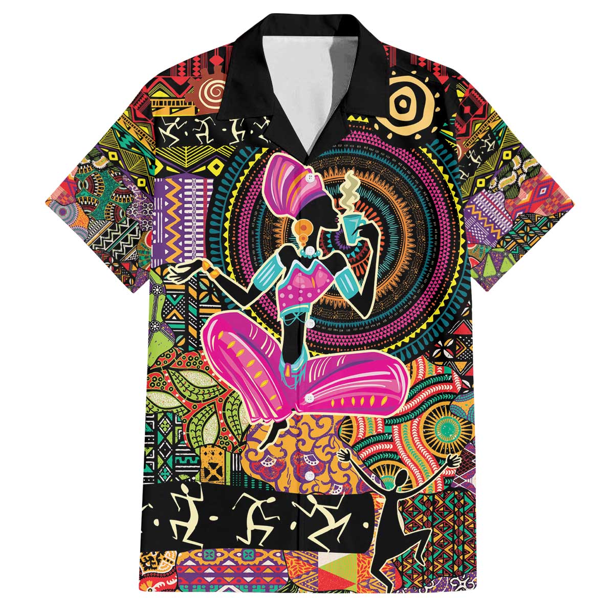 African Women Ethnic Motifs Family Matching Off The Shoulder Long Sleeve Dress and Hawaiian Shirt