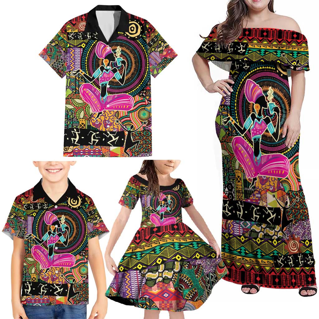 African Women Ethnic Motifs Family Matching Off Shoulder Maxi Dress and Hawaiian Shirt LT9 - Wonder Print Shop