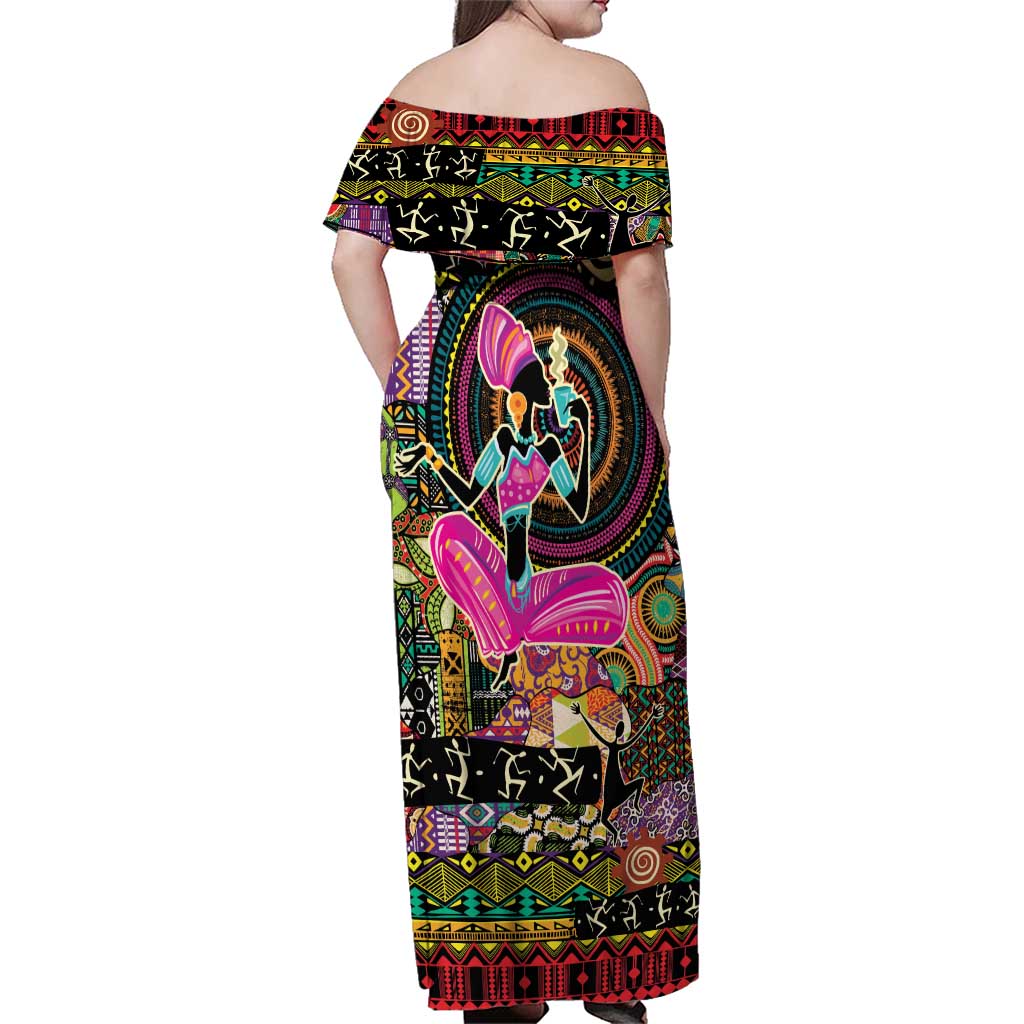 African Women Ethnic Motifs Family Matching Off Shoulder Maxi Dress and Hawaiian Shirt LT9 - Wonder Print Shop