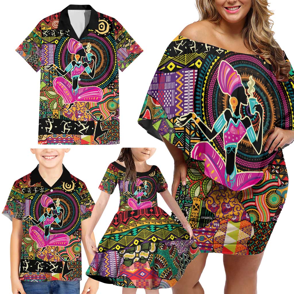 African Women Ethnic Motifs Family Matching Off Shoulder Short Dress and Hawaiian Shirt LT9 - Wonder Print Shop
