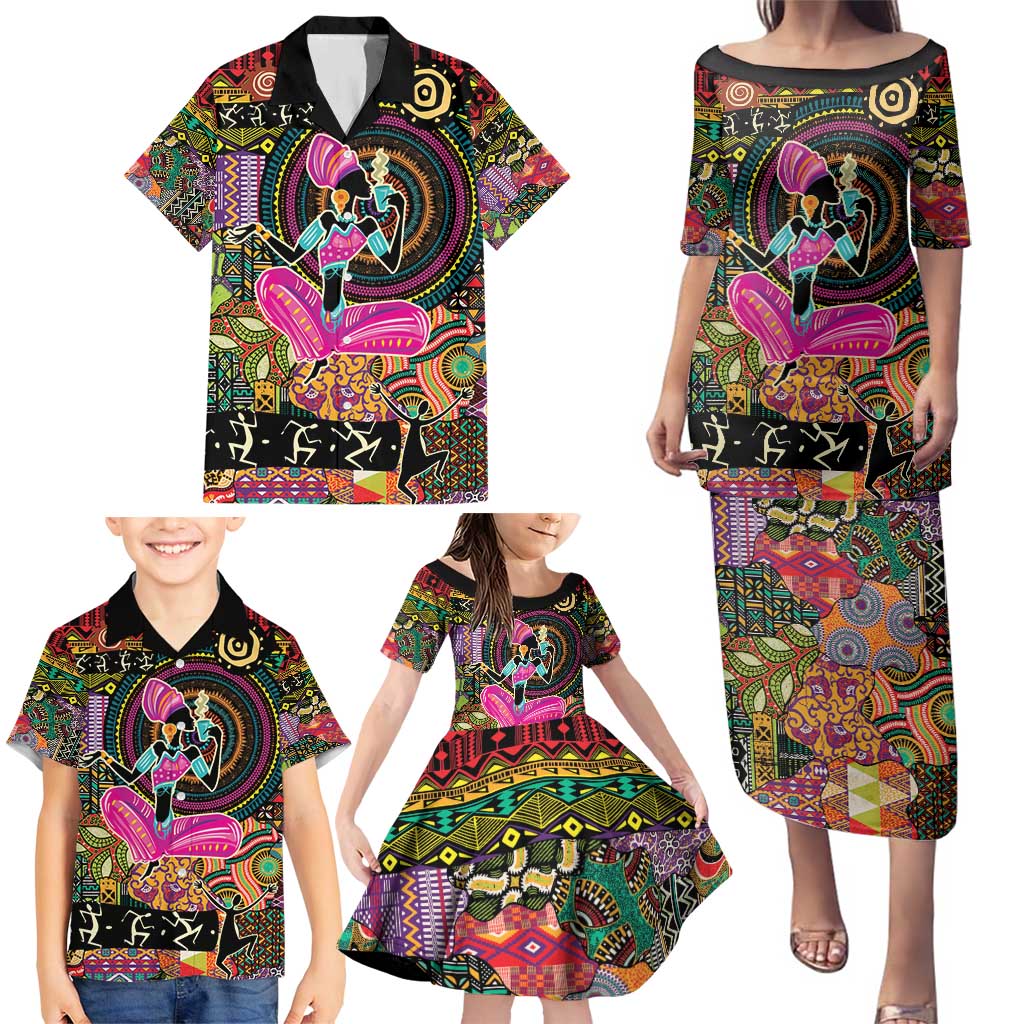 African Women Ethnic Motifs Family Matching Puletasi and Hawaiian Shirt