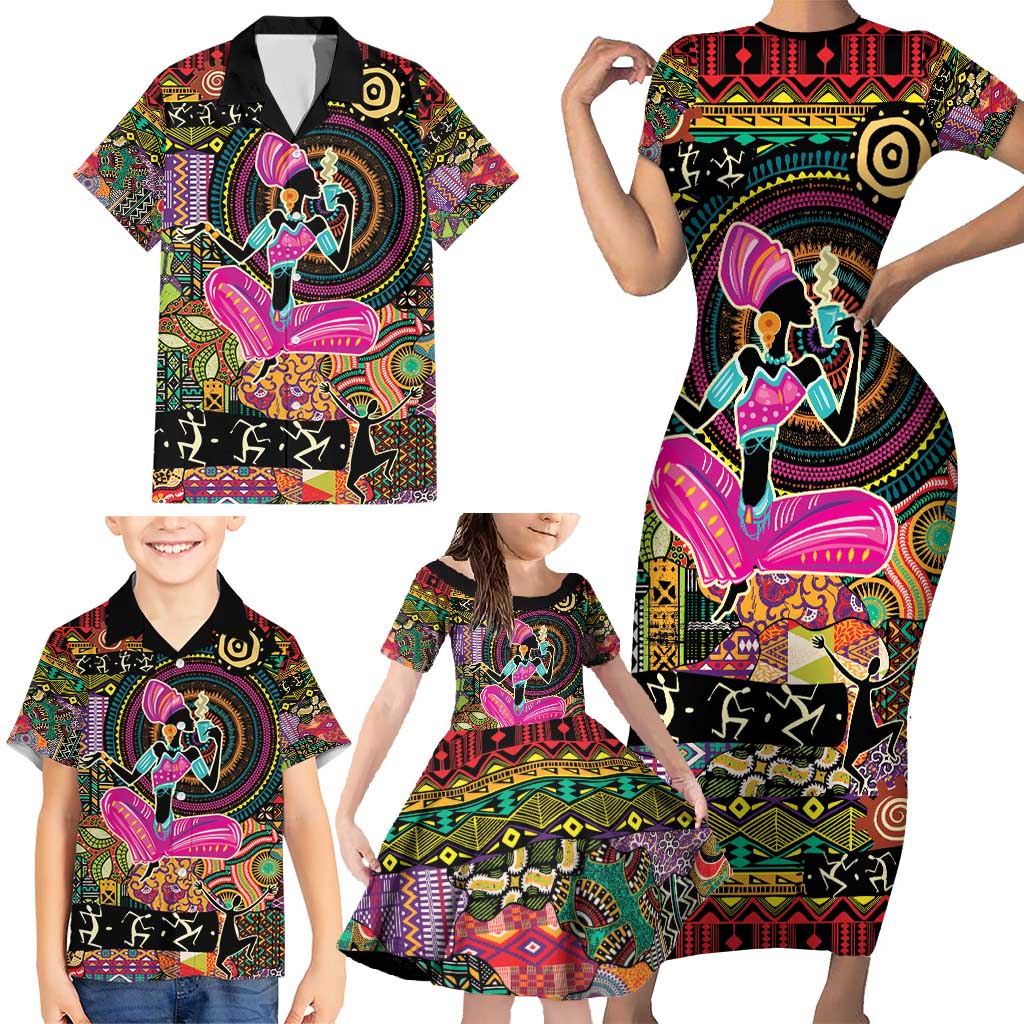 African Women Ethnic Motifs Family Matching Short Sleeve Bodycon Dress and Hawaiian Shirt - Wonder Print Shop