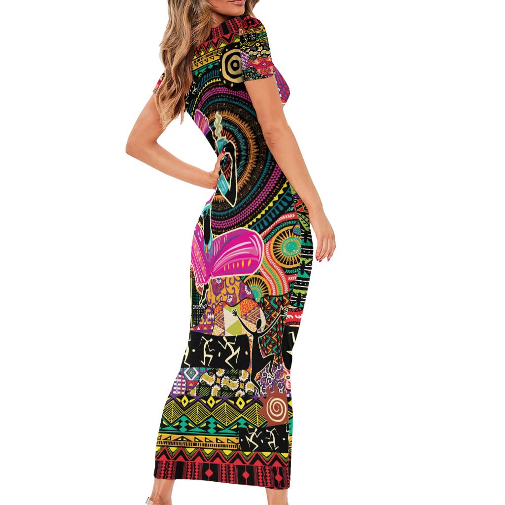 African Women Ethnic Motifs Family Matching Short Sleeve Bodycon Dress and Hawaiian Shirt - Wonder Print Shop
