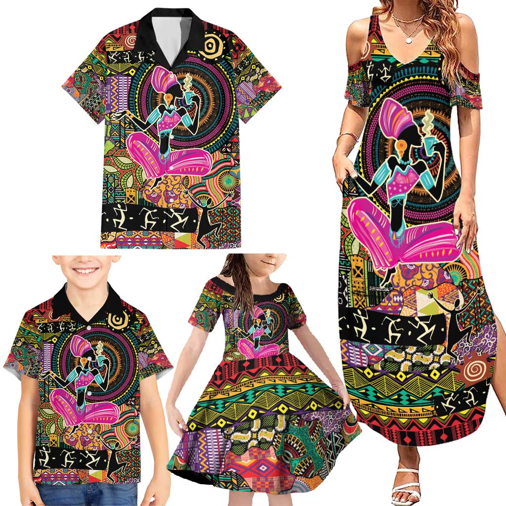 African Women Ethnic Motifs Family Matching Summer Maxi Dress and Hawaiian Shirt - Wonder Print Shop