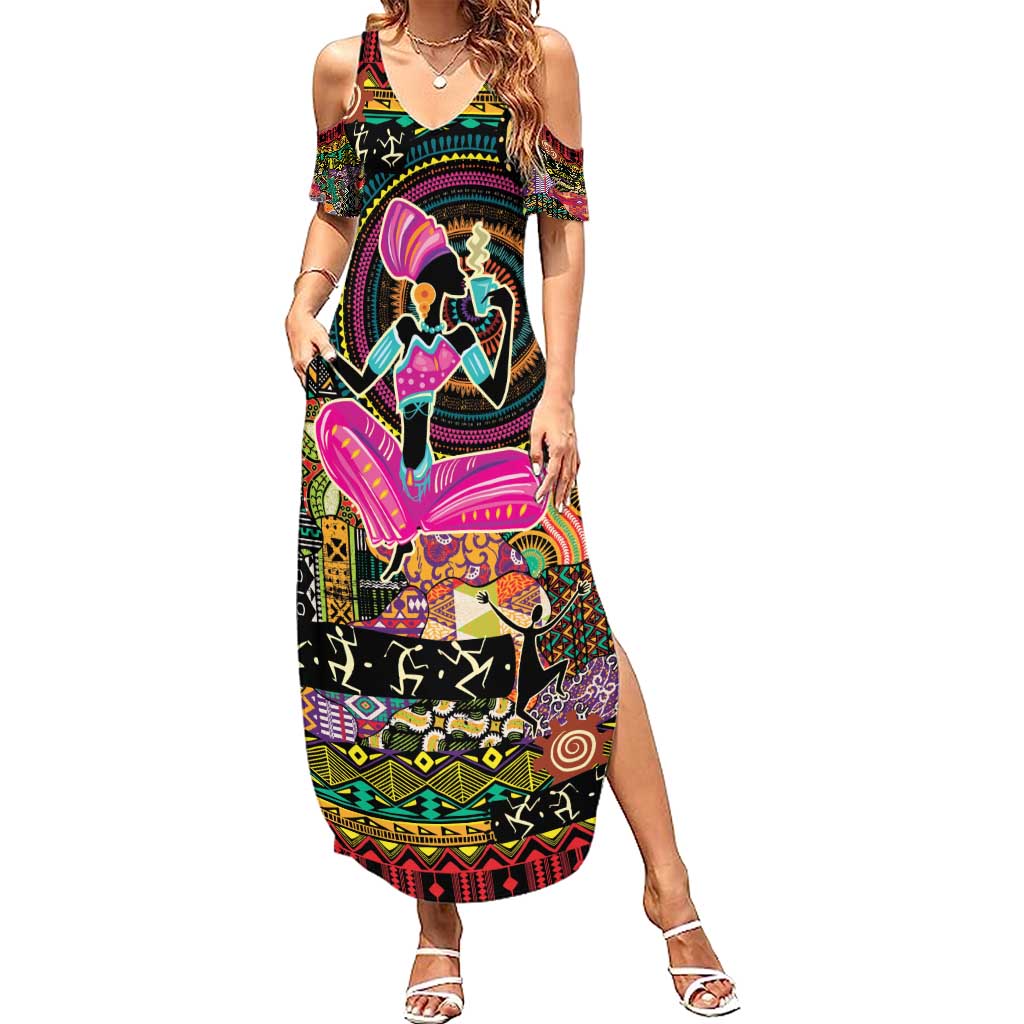 African Women Ethnic Motifs Family Matching Summer Maxi Dress and Hawaiian Shirt - Wonder Print Shop