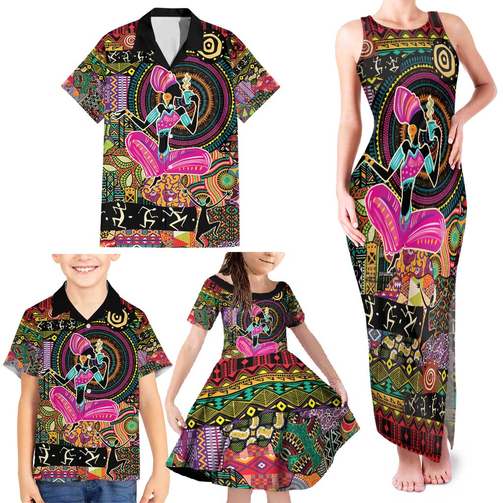African Women Ethnic Motifs Family Matching Tank Maxi Dress and Hawaiian Shirt - Wonder Print Shop