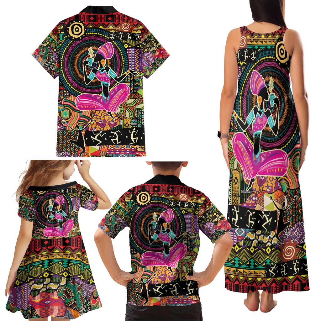 African Women Ethnic Motifs Family Matching Tank Maxi Dress and Hawaiian Shirt - Wonder Print Shop