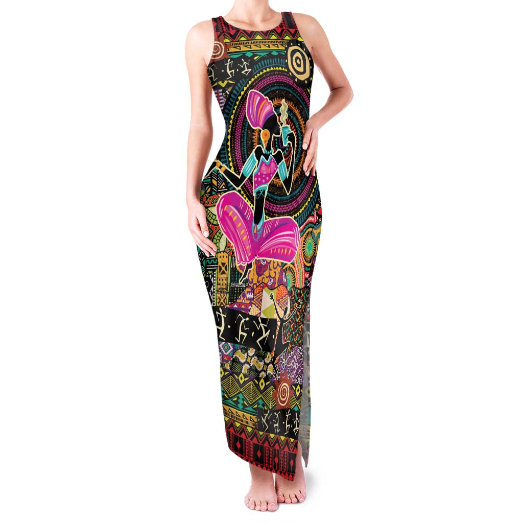 African Women Ethnic Motifs Family Matching Tank Maxi Dress and Hawaiian Shirt - Wonder Print Shop