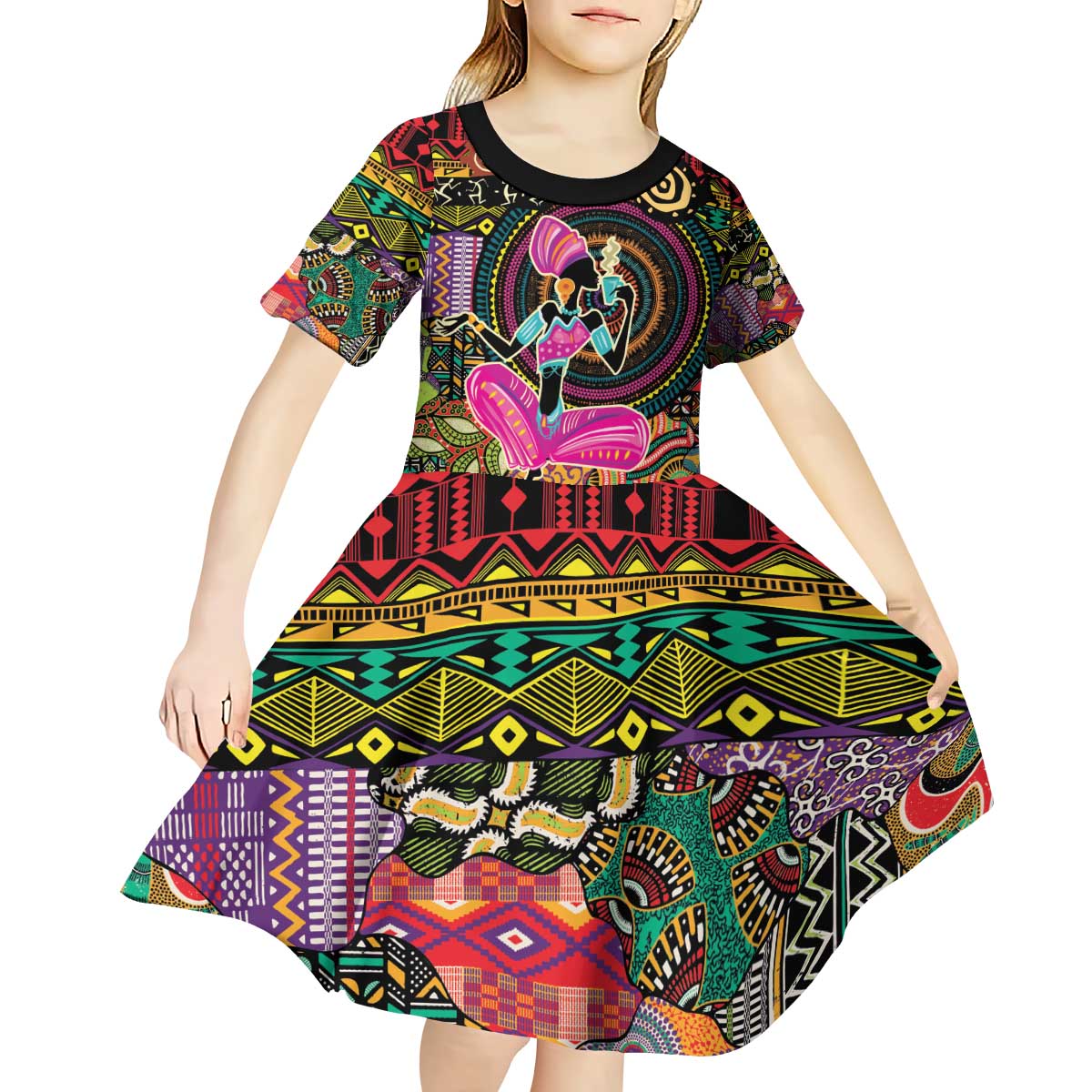 African Women Ethnic Motifs Kid Short Sleeve Dress - Wonder Print Shop