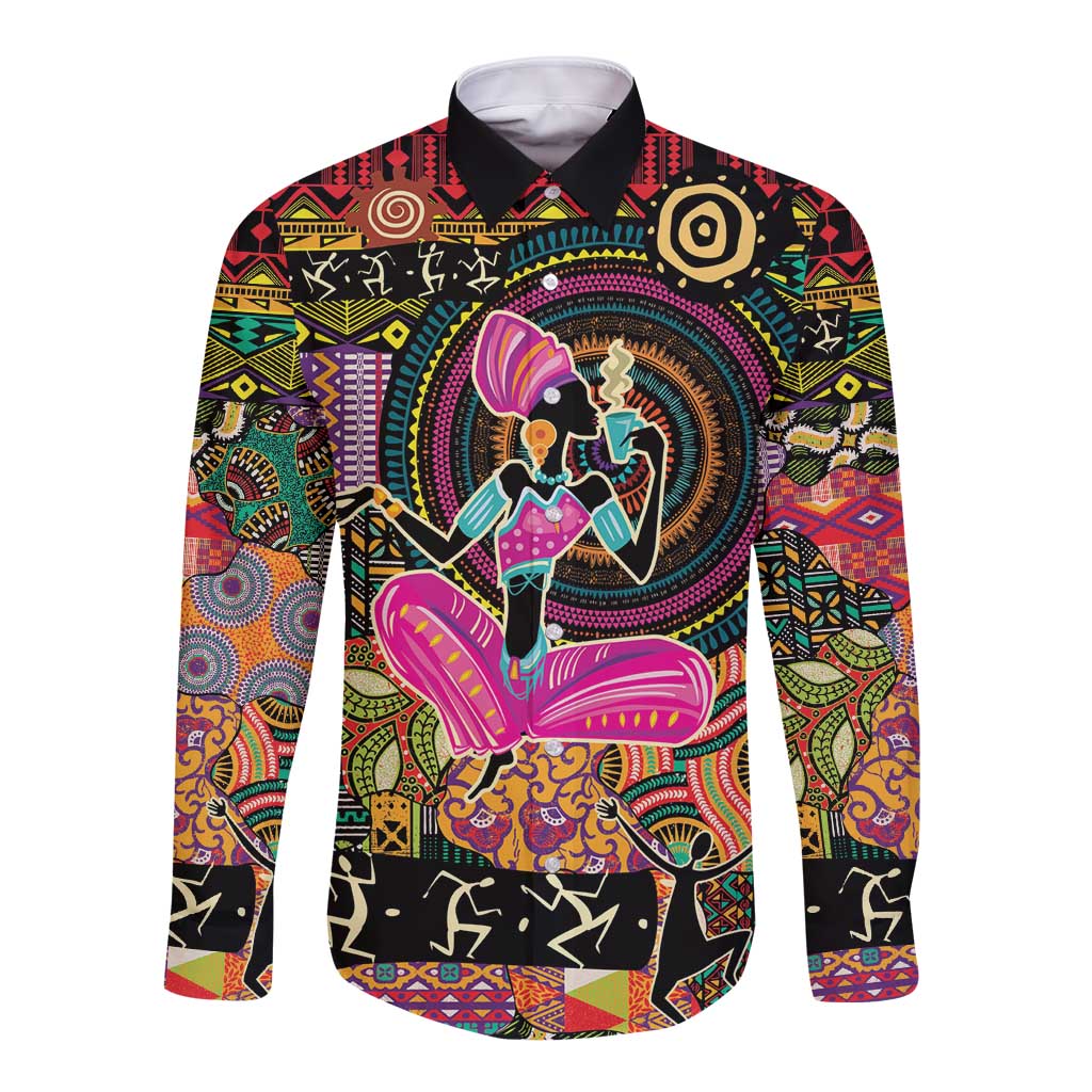 African Women Ethnic Motifs Long Sleeve Button Shirt