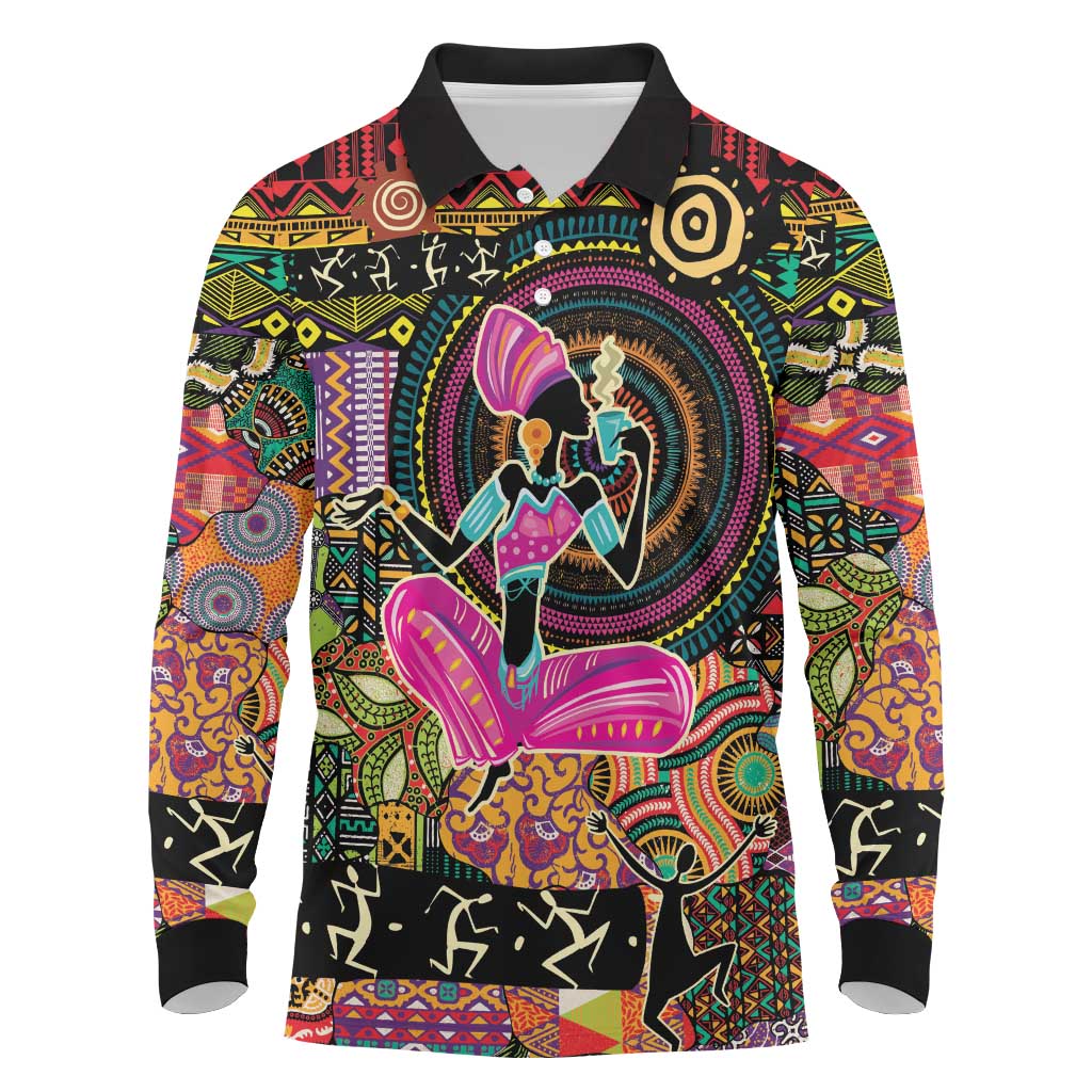 African Women Ethnic Motifs Long Sleeve Polo Shirt - Wonder Print Shop