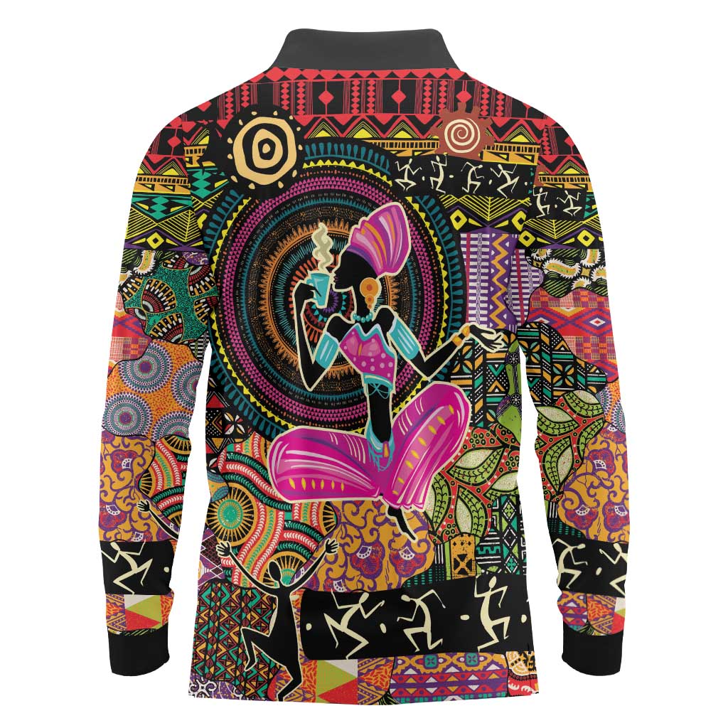 African Women Ethnic Motifs Long Sleeve Polo Shirt - Wonder Print Shop