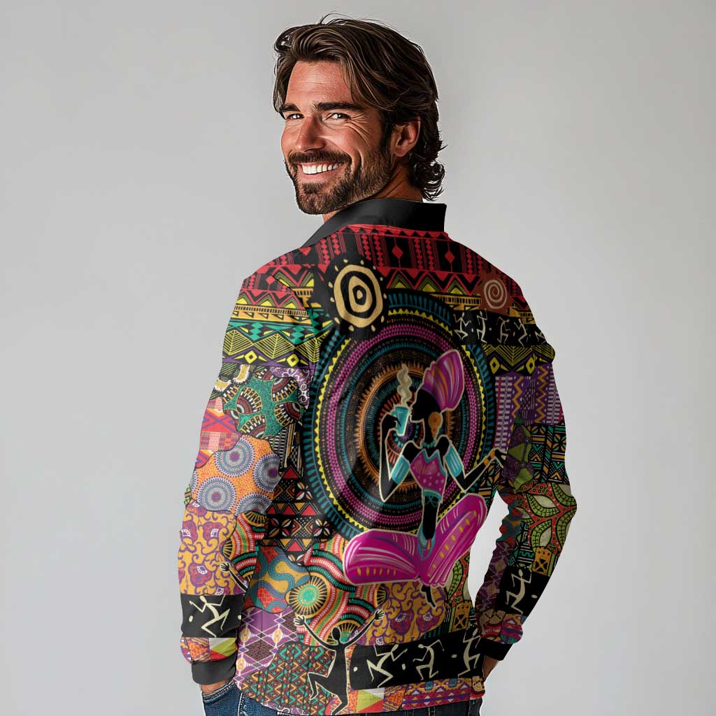 African Women Ethnic Motifs Long Sleeve Polo Shirt - Wonder Print Shop