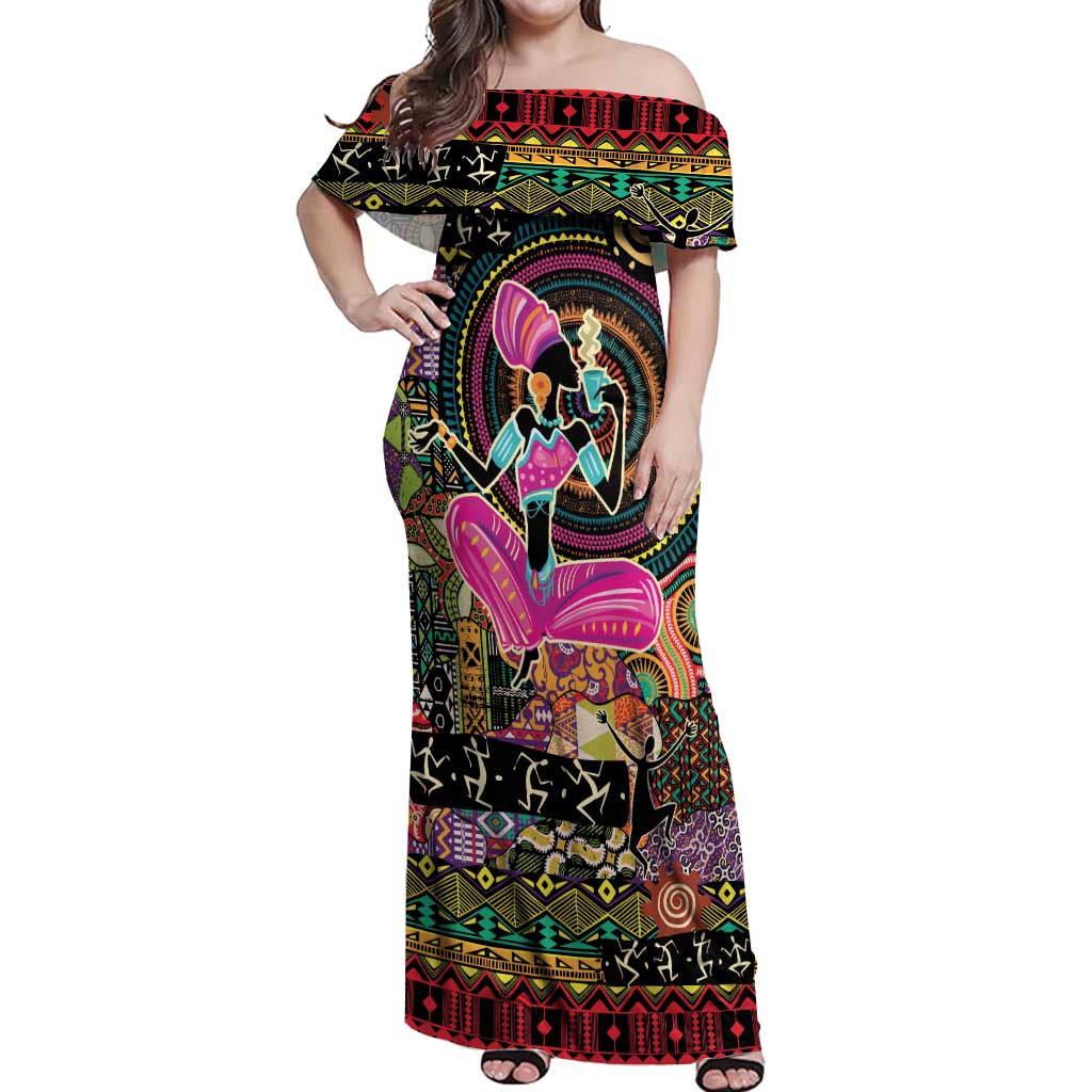 African Women Ethnic Motifs Off Shoulder Maxi Dress - Wonder Print Shop
