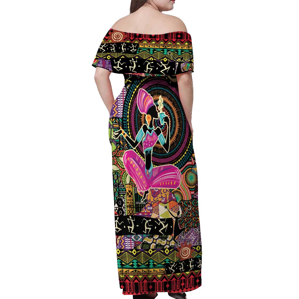 African Women Ethnic Motifs Off Shoulder Maxi Dress - Wonder Print Shop