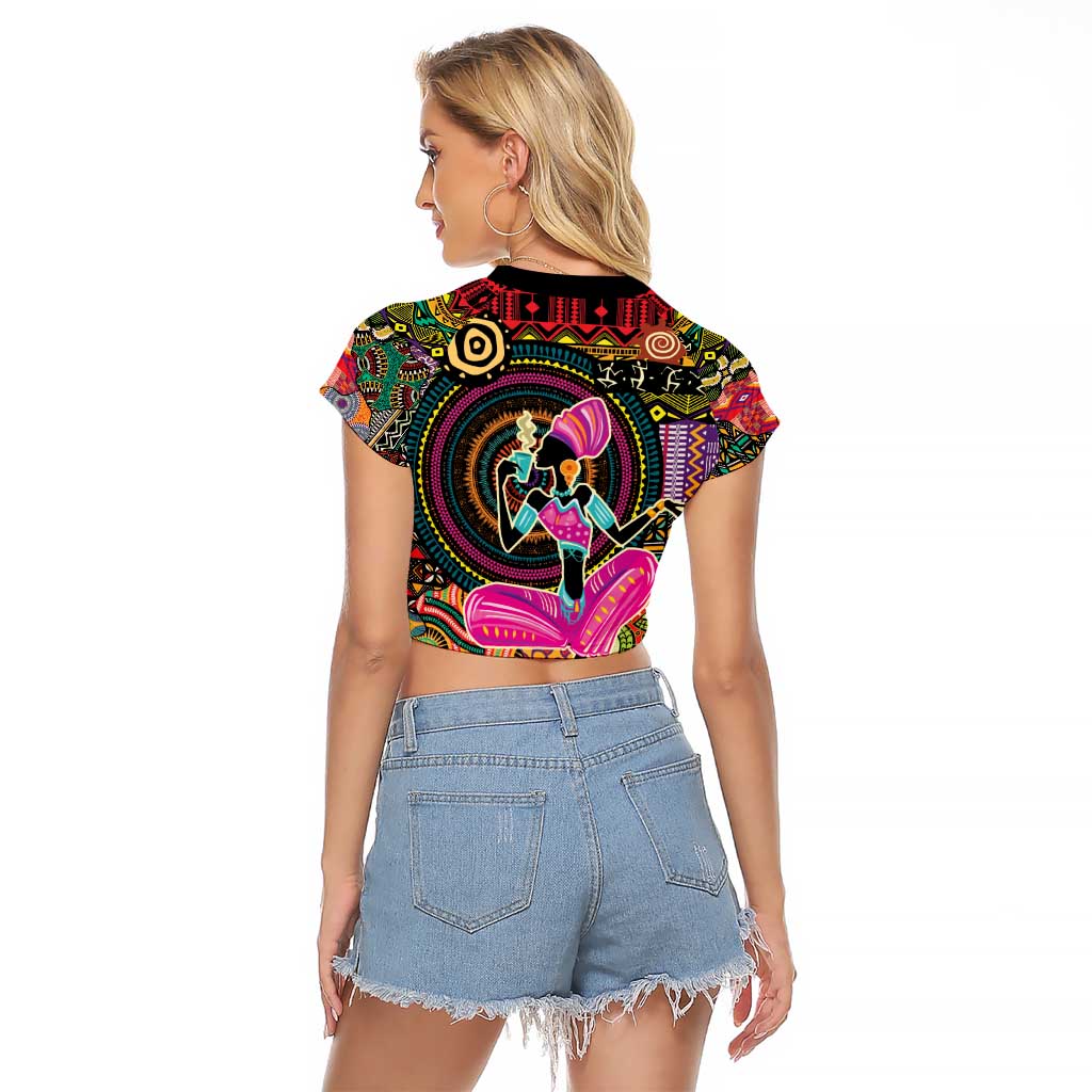 African Women Ethnic Motifs Raglan Cropped T Shirt - Wonder Print Shop