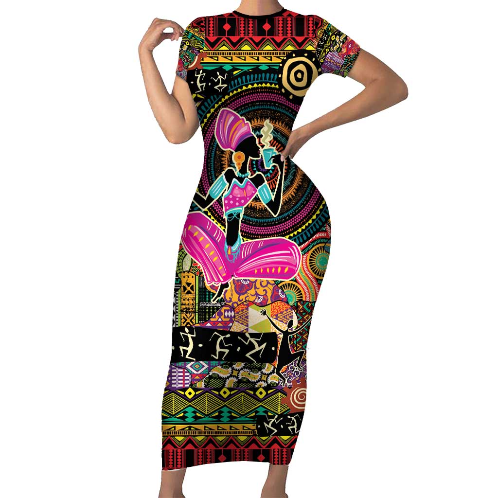 African Women Ethnic Motifs Short Sleeve Bodycon Dress - Wonder Print Shop