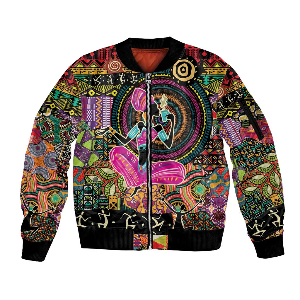 African Women Ethnic Motifs Sleeve Zip Bomber Jacket - Wonder Print Shop